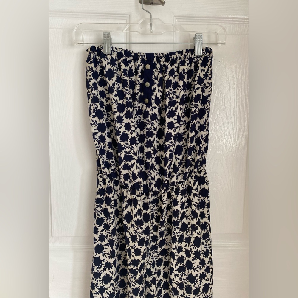 Dark navy blue and white printed long strapless jumpsuit